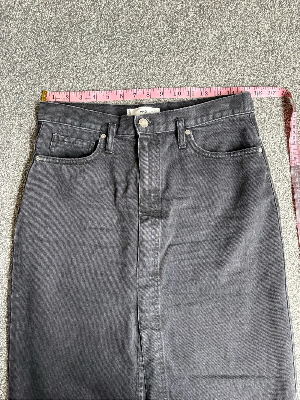 MNG Mango Black Denim Midi Skirt Front Slit Collegiate Academia Size Medium
